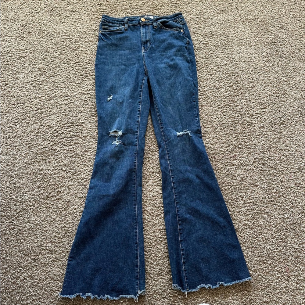 YMI Dark Blue Flare Jeans with Distressed Knees